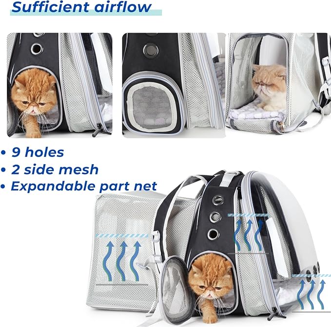 Lollimeow Expandable Cat Backpack Carrier for Large Cats & Small Dogs - Airline Approved Pet Bubble Backpack with Dual-Side Expansion, Perfect for Travel, Hiking & Outdoor Adventures, Up to 16lbs
