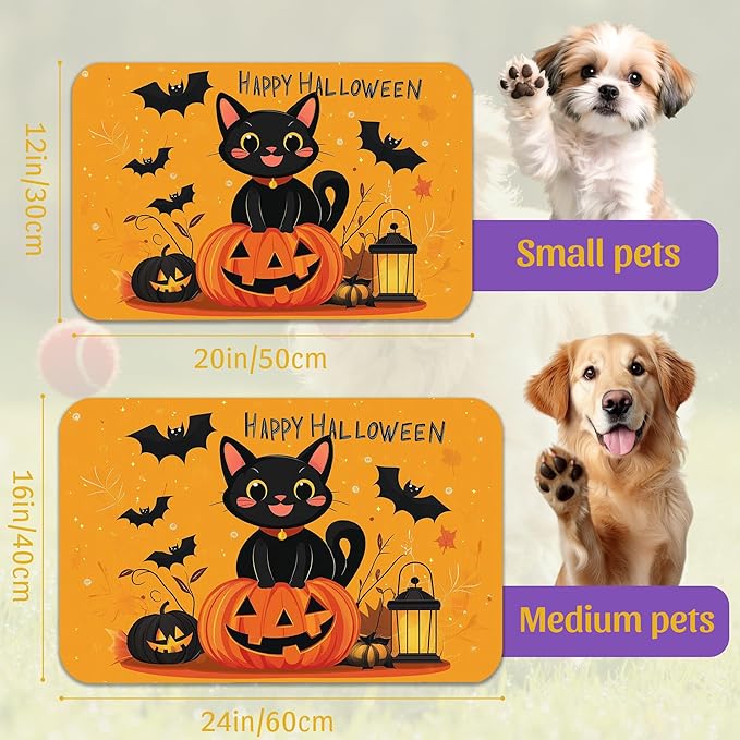 Halloween Cat Pet Feeding Mat, Absorbent Dog Bowl Pad, Quick Dry with Anti-Skid Bottom, Indoor Pet Accessories – 12x20 Inch