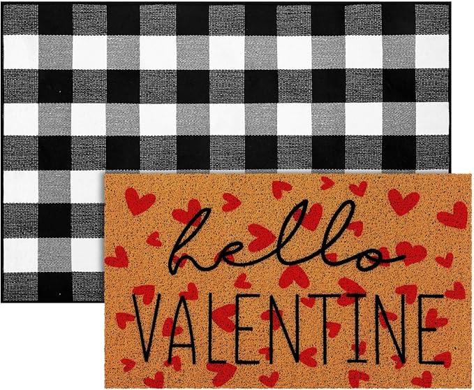 Tinideya 2 Pcs Valentine Door Mat Hello February 14th Welcome Non Slip Coir Mats Red Heart Black and White Plaid Floor Layering Doormats Seasonal for Front Porch Entryway Decor(Valentine)