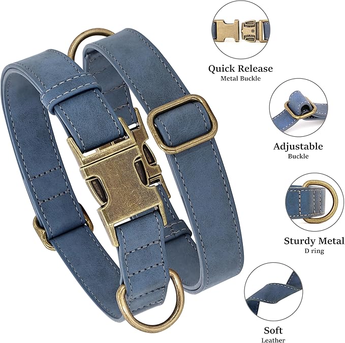 Didog Soft PU Leather Dog Collar, Stylish Quick Released Dog Collar for Large Dogs, Easy Clean Adjustable Pet Collar for Daily Walking, Blue, L Fit 15-23" Neck