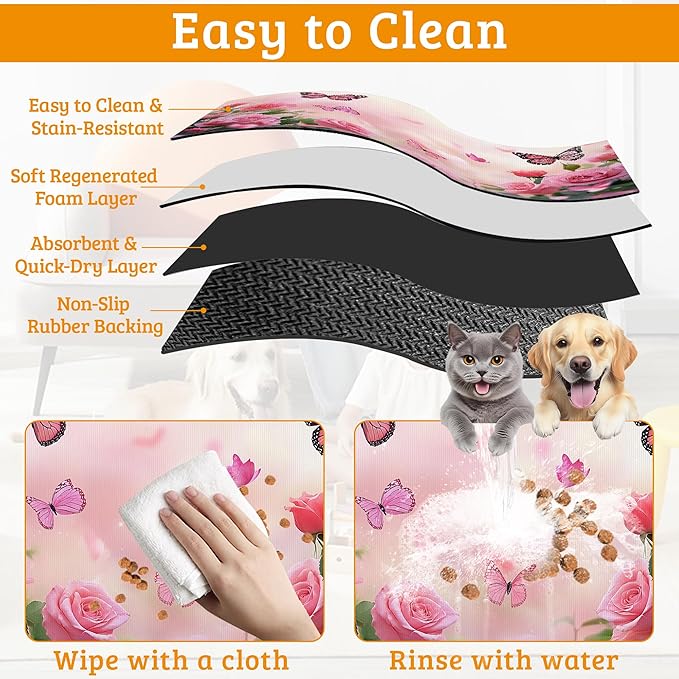 Rose Pink Dog Cat Food Mat,Butterfly Absorbent Waterproof Placemat for Food and Water Non Slip Rubber Backing Durable Feeding Pad for Clean Floors 12" x 20"