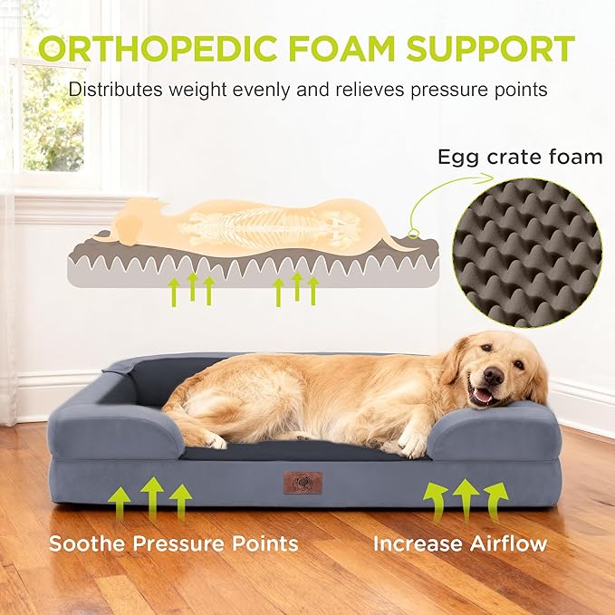 Extra Large Dog Bed, Orthopedic XL Washable Bed for Big Dog Waterproof Pet Couch Sofa Bolster with Removable Cover, Non-Slip Bottom, Tennis Ball Toy, 42x30