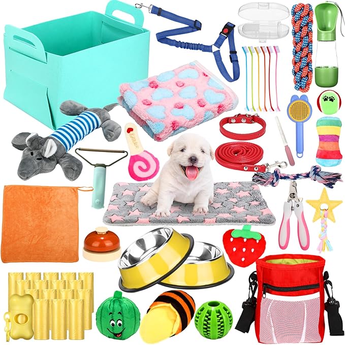 Abbylike 50 Pcs Puppy Supplies Starter Kit for Small Dogs Puppy Essentials Includes Leash, Bowls, Teeth Brushes, Water Bottle, and More Accessories for Dogs Pet Day Welcome Gift(Colorful)