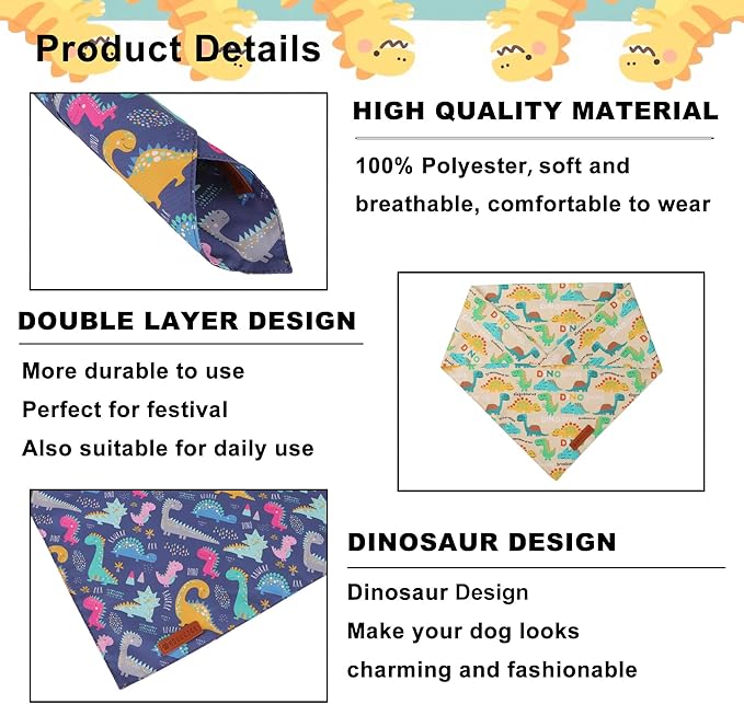 ADOGGYGO Dinosaur Dog Bandanas 2 Pack, Reversible Colorful Animal Pet Scarf, Premium Fabric, Adjustable Fit Yellow Blue Dinosaur Bandanas for Small Dogs (Small)