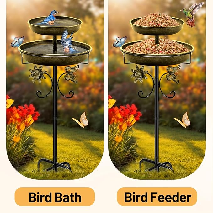 Daoeny Bird Bath for Outside, 42In Vintage Freestanding Birdbaths for Outdoors, Double Metal Bird Bath Feeder Bowls for Garden Patio Yard Lawn Decor, Upgraded 5-Pronged Base (Antique Golden)