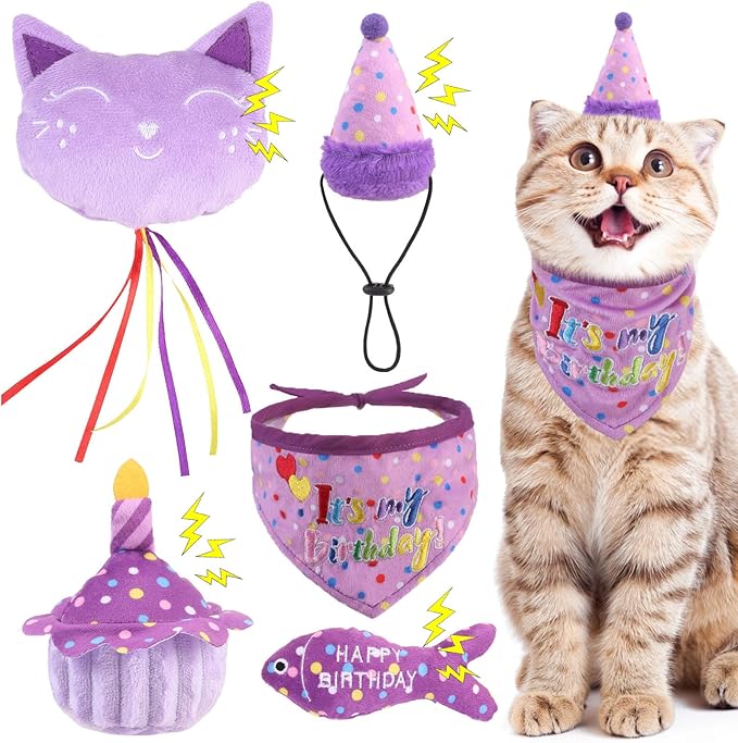BINGPET Cat Birthday Catnip Toys for Indoor Cats, 5 Pcs Cat Birthday Gift Kitten Interactive Toys for Boy Girl Cats, Soft Plush Catmint Kitty Chew Kick Toy, Hat, Bandana, Balloon, Cake, Fish, Purple