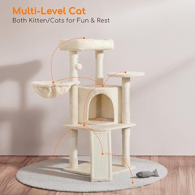 Yaheetech Cat Tree, 42in Play Tower for Indoor Cats, Kitten House with Large Perch & Scratching Posts & Cozy Condo & Scratching Ramp, Cat Furniture Activity Center, Beige