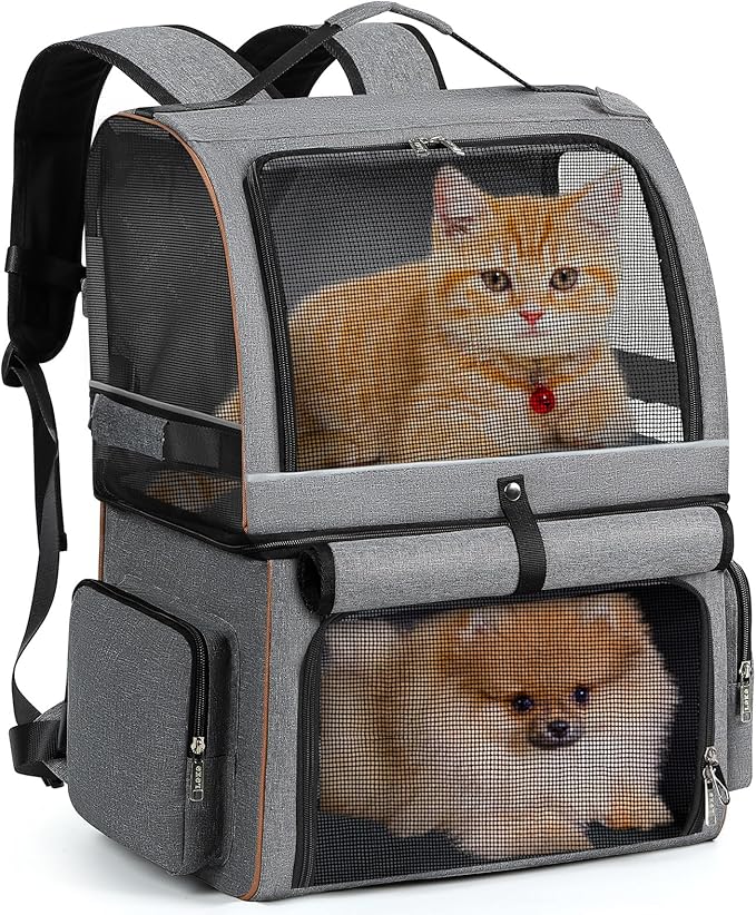 Lekebobor Double Cat Backpack Carrier for 2 Cats, Double-Compartment Pet Carrier Backpack for Two Small Cat or One Medium Cat, Cats Carrier Backpack Dog Carrier Backpack Fits Up to 24 Lbs,Grey