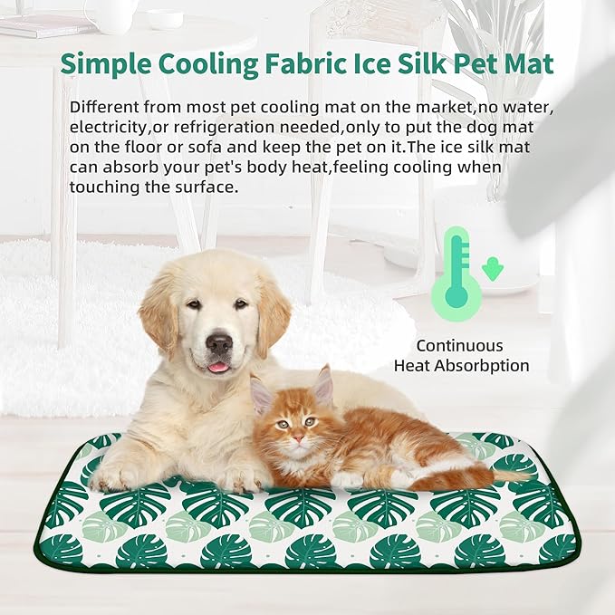 NWK Pet Cooling Mat - Ice Silk Cooling Mat for Dogs & Cats Portable & Washable Pet Cooling Blanket, Car Seats, Beds for Summer (1, Green Leaf, 20'' X 27'' X 0.3'')