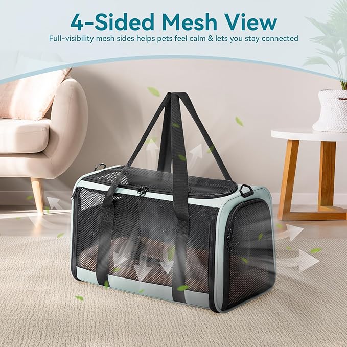 PETSFIT Large Cat Car Carrier with Patented Safety Buckles(19 x 12 x 12) – Roomy Escape-Proof for Safe Driving, Lockable Zippers & Safety Tether, Soft-Sided Travel Carrier for Road Trips & Vet Visits