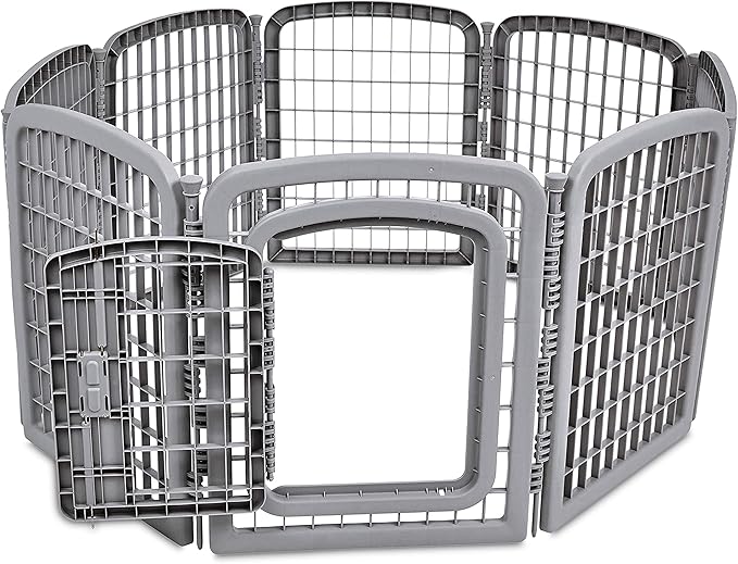 Amazon Basics 8-Panel Octagonal Plastic Dog Playpen, Indoor/Outdoor Pet Fence with Gate, Exercise Pen for Puppies and Small Animals, 28 inches, Grey
