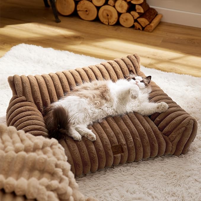 Bedsure ComfyFleece™ Cute Cat Couch for Pets - As Seen on TV on Good Day New York, Small Medium Dog Bed, Supportive Couch Bed for Small Dogs, 30 Inch, Camel Brown