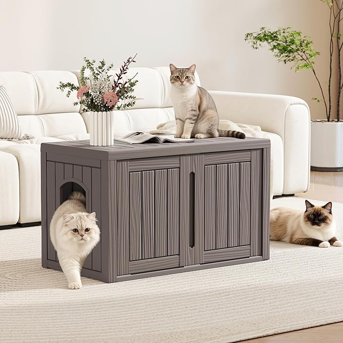 Cat Litter Box Enclosure, Multi-Functional Hidden Enclosed Litter Box Furniture with Adjustable Partition, Indoor Outdoor Cat House Weatherproof, Side Table, Easy to Clean & Assemble, Gray