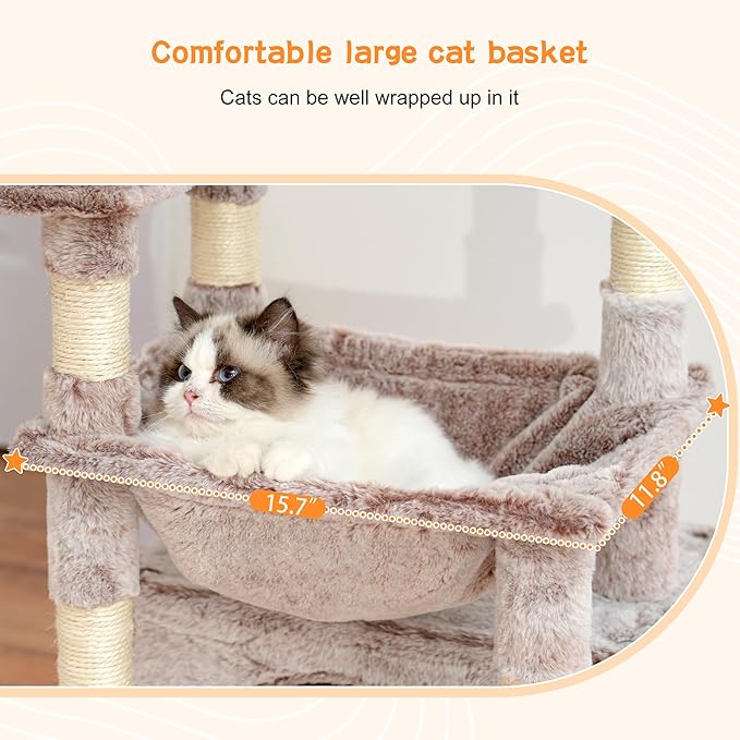 Heybly Cat Tree, Kitten Tower with Large Soft Cat Basket, Cat Condo with Spacious Cat Bed Cave with Hidden Space, Sisal-Covered Scratching Posts,Dangling Ball for Indoor Cats, Muchroom HCT008SMU