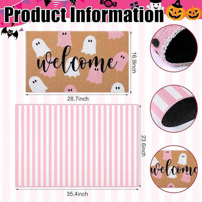 Tinideya 2 Pcs Door Mat Welcome Non Slip Coir Mats Floor Layering Doormats Seasonal for Front Porch Entryway Decor(Pink White Ghost)