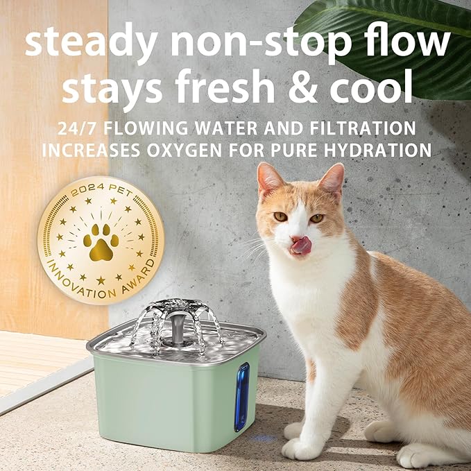 Veken Innovation Award Winner Stainless Steel Cat Water Fountain, 108oz/3.2L Automatic Pet Fountain Dog Water Dispenser with Replacement Filters & Silicone Mat for Cats, Dogs (Tea Green)