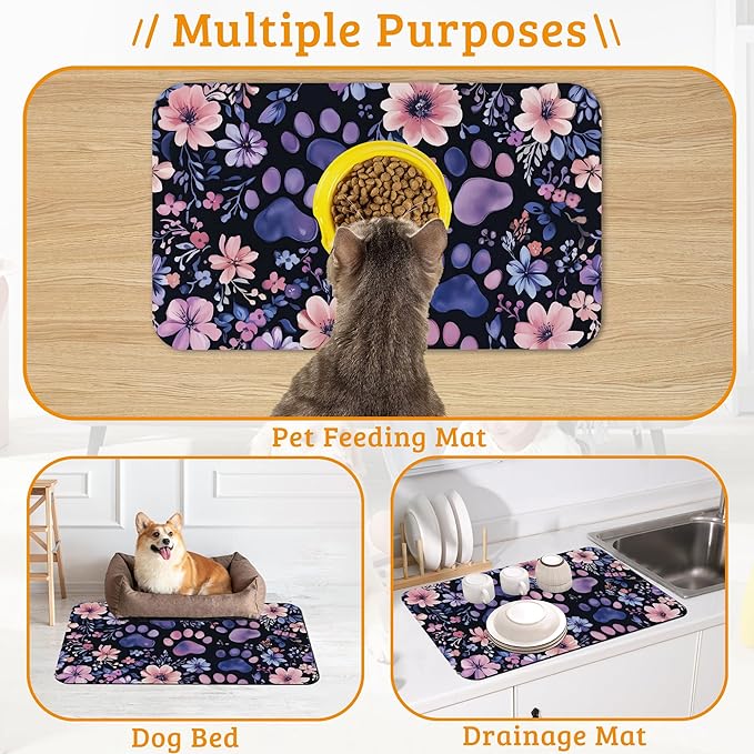 Paw Print Dog Food Mat,Watercolor Flower Absorbent Pet Feeding Mat for Food and Water Bowl,Quick Dry Dog Placemat Non Slip Rubber Backing Waterproof Pet Supplies 16" x 24"