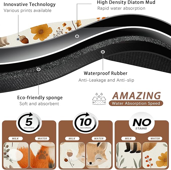 Fox Hedgehog Rabbit Forest Dog Cat Food Mat,Absorbent Pet Feeding Mat with Rubber Backing,Non-Slip Water Bowl Placemat,Indoor Pet Accessories Supplies 16"x24"