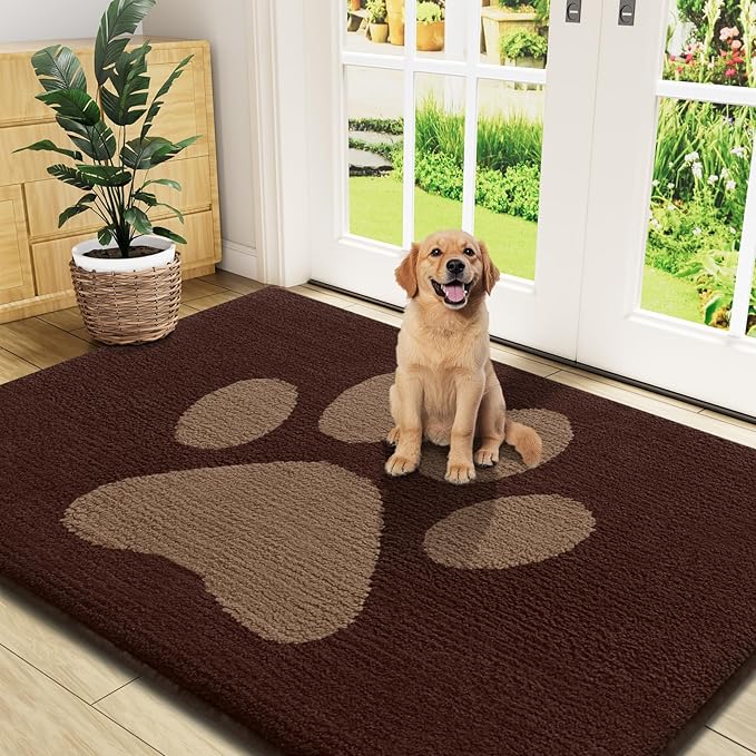 Buganda Dog Door Mat for Muddy Paws, Absorbent Dirt Trapper Non Slip Indoor Doormats, Washable Low-Profile Mat for Mud Dogs, Entryway Carpet for Inside Floor (47x32 Inches, Brown)