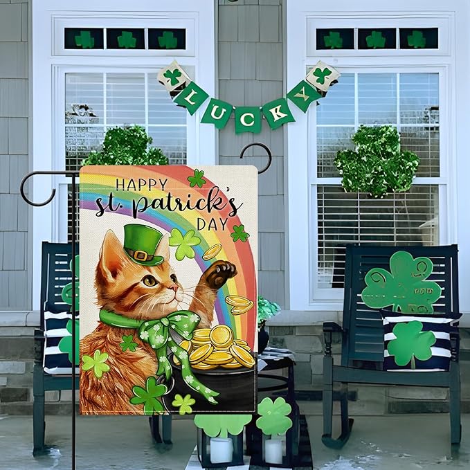 Dyrenson Happy St Patricks Day Orange Cat Decorative Garden Flag, Pet Rainbow Pot of Gold Yard Outside Home Decorations, Spring Irish Shamrock Clover Burlap Outdoor Small Decor Double Sided 12 x 18
