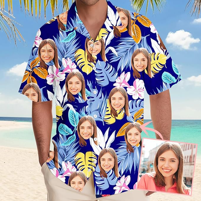 DILYPOD Custom Hawaiian Shirt with Face, Personalized Button Down Hawaiian Shirts for Men, Women, Photo Hawaiians Shirt