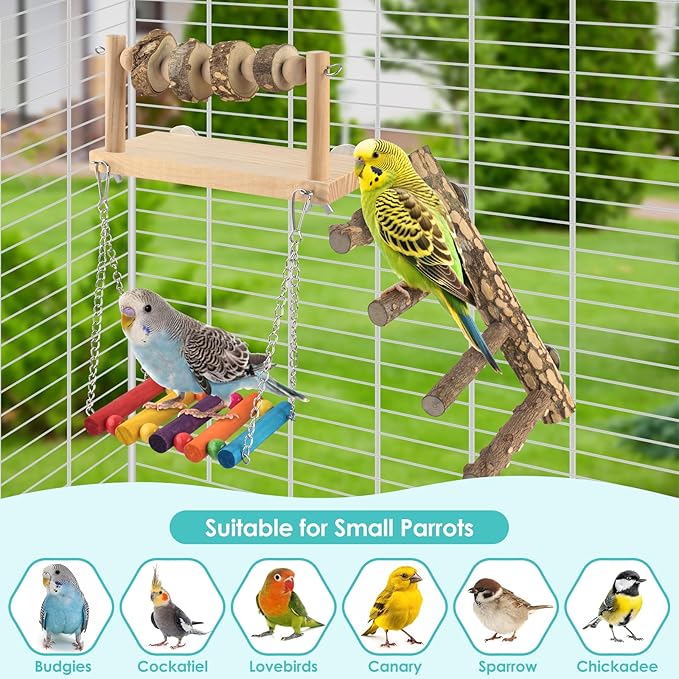 4 Pcs Bird Perch with Swing, Parrot Perches Platform with Chew Blocks, Natural Climbing Ladder Bridge Colorful Hammock for Budgies, Cockatiels, Lovebirds, Finches