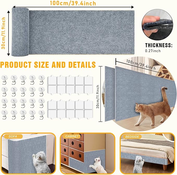 3PCS Cat Scratch Mat, 39.4"x11.9" DIY Trimmable Self-Adhesive Cat Scratching Mat, Couch Protector from Cats Claw, Indoor Furniture Protector for Cats Scratching (Light Gray)