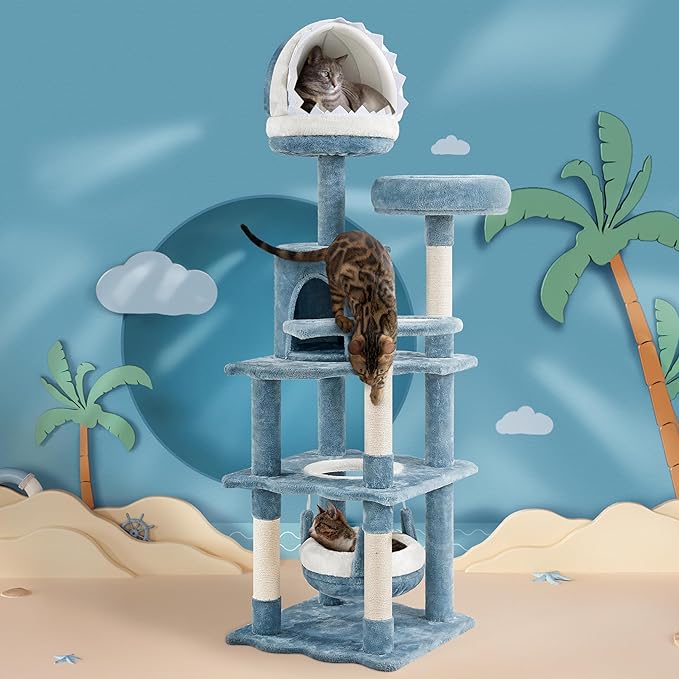 Yaheetech 61in Tall Ocean-Themed Cat Tree, Multi-Level Cat Tower with Shark's Mouth-Shaped Nest, Fish-Shaped Platform, Sisal Scratching Posts, Plush Pet Bed Furniture as Kitty Activity Center