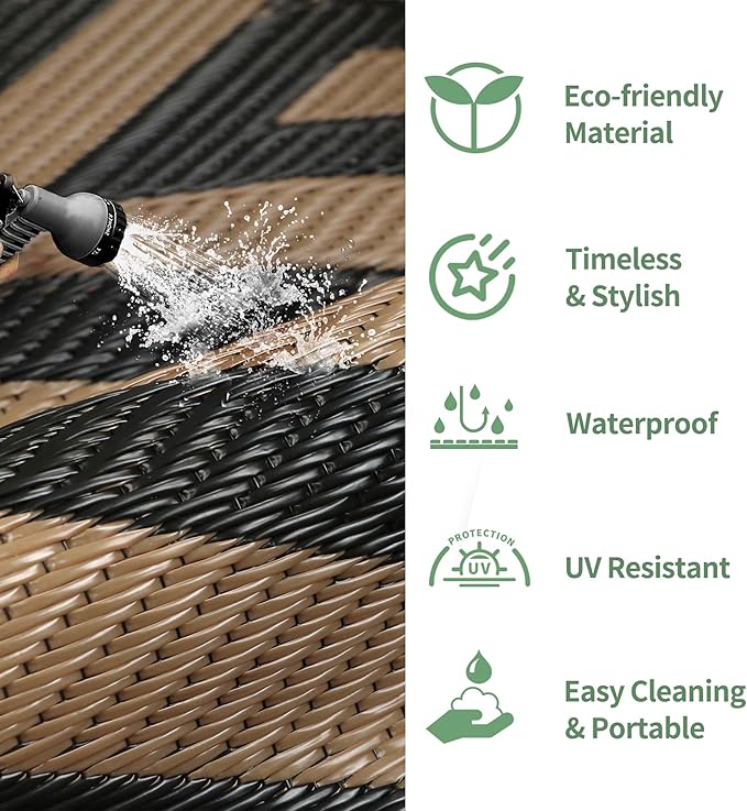 GENIMO Outdoor Rug for Patio Clearance, 8'x10' Reversible Plastic Straw Rugs, Lightweight Waterproof Modern RV Camping Mat for Camper, Balcony, Deck, Backyard, Picnic, Black Brown