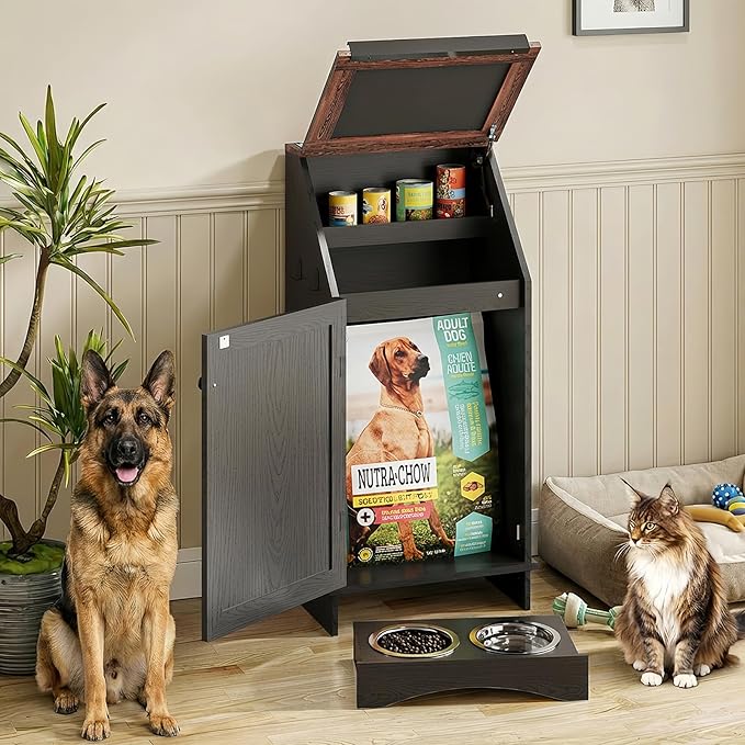 Dog Food Feeding Station with Storage, Pet Food Storage Cabinet with Bowls and Flip-Top Blackboard, Hidden Trash Can, Pet Organizer Cabinet for Dog and Cat, Black