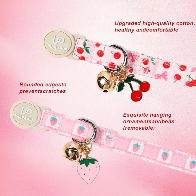 Cat Collar, Pack of 2 Summer Kitten Collars-Cute Lime and Strawberry Pendants-Breakaway Kitty Collars,Cat Collar with Bell, for Girl & Boy Cats