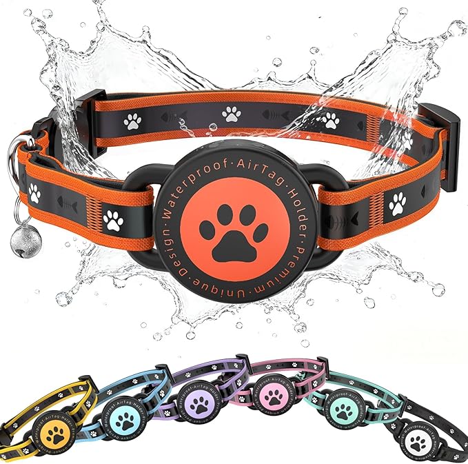 Airtag Cat Collar Breakaway, Reflective Cat Collar with AirTag Holder and Bell, Compatible with Apple Air Tag, Comfortable Padding, Adjustable, Durable (Orange, XS)