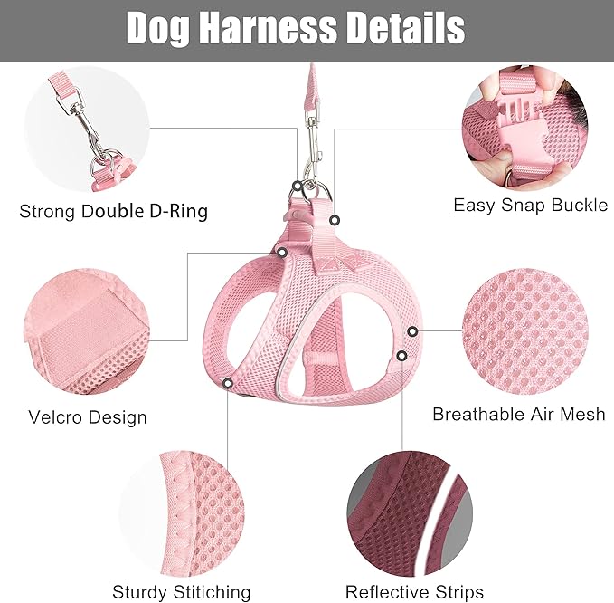 PetiFine Extra Small Step in Dog Harness and Leash Set, Cat Harness and Leash Escape Proof, All Weather Mesh Reflective, Step-in Air Vest Harnesses for Puppy(XXXS, Pink)