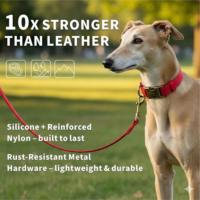 Silicone Dog Collar and Leash Set, Waterproof & Odor-Proof Puppy Collar for Small Dogs, Soft Flexible Leather-Look Dog Collars, Durable Thick Adjustable Pet Collar (Red, Large (14.5-24" Neck))