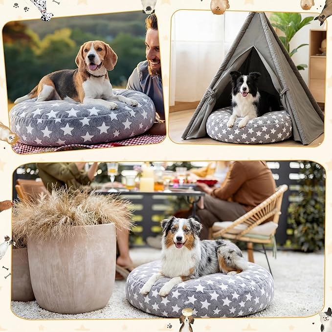 Youyole Medium Washable Round Dog Bed Cover Replacement Waterproof 30 x 30 x 10 in Round Donut Bed Cover for Dog Soft Gray Pet Beds Protector Sheet with Lovely Star Print for Donut Beds & Pet Couch