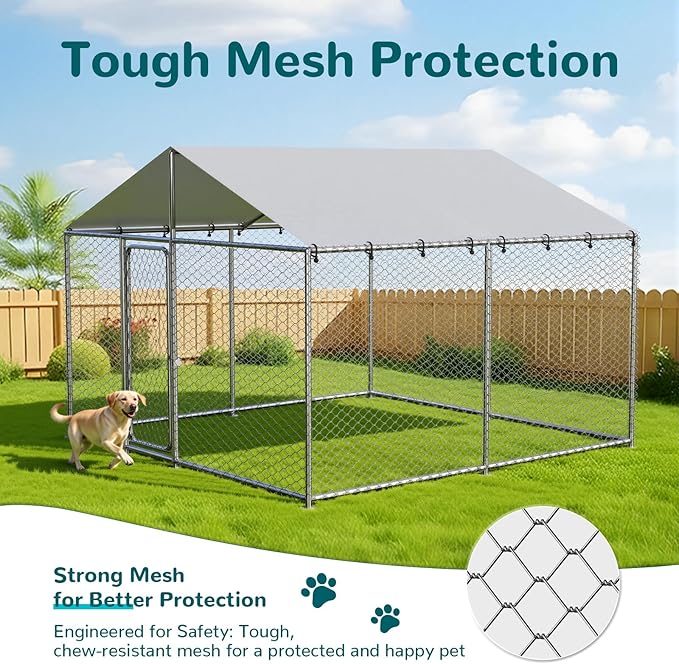 10'x10' Large Outdoor Dog Kennel Outside for Large Dogs, Heavy Duty Dog Enclosure with Wire Mesh Fence, Lock & Waterproof Cover