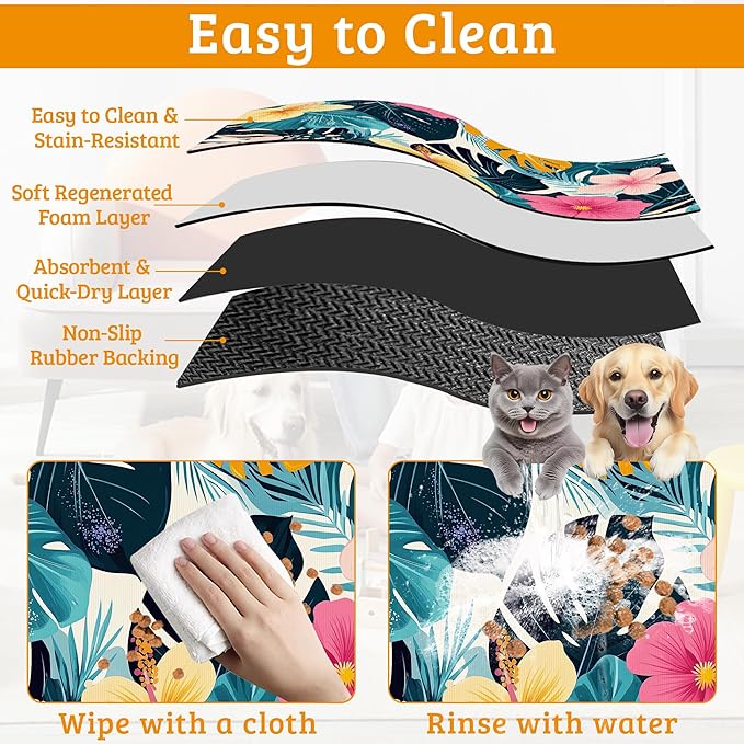 Tropical Palm Dog Food Mat,Exotic Leaves Floral Absorbent Pet Feeding Mat for Food and Water Bowl,Quick Dry Dog Placemat Non Slip Rubber Backing Waterproof Pet Supplies 12" x 20"