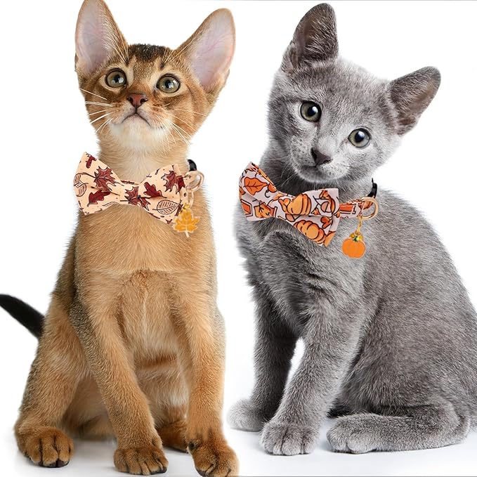 Faygarsle 2 Pack Breakaway Fall Cat Collars with Bow - Boy & Girl - Orange - Autumn Pumpkin Leaf Pattern - Soft Collar - Seasonal Cat Necklace