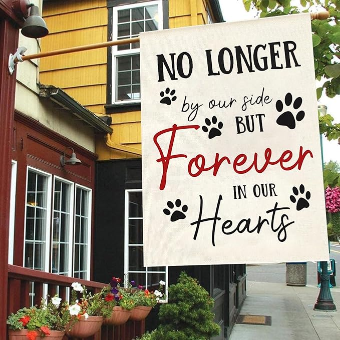 Pet Memorial House Flag No Longer By My Side Forever in Our Heart 28x40 Inch Double Sided Burlap Pawprints Lost Pet Cat Dog Bereavement Gift Outdoor Yard Decor
