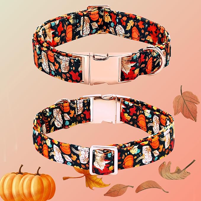 Fall Dog Collar, Leaf Pumpkin Print Adjustable Pet Collar Cute Cotton Soft Collars with Bow Tie Metal Buckle Holiday Puppy Collars Boy&Girl Gift for Small Dogs