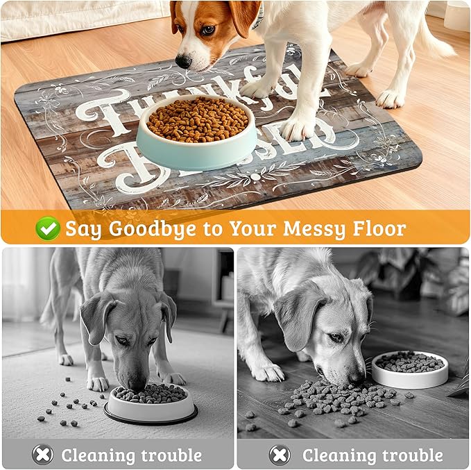 Thankful Feeding Mat,Blessed Absorbent Quick-Dry Cat Dog Food and Water Bowl Mats,Non-Slip Rubber Backing Mat,Cat Dog Accessories Supplies 16" x 24"