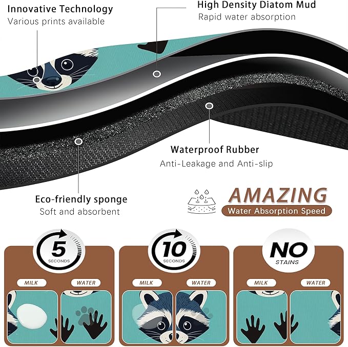 Cute Raccoon Dog Food Mat for Floors,Absorbent Pet Food and Water Bowl Mats,Non-Slip Pet Feeding Mat,Pet Supplies 16" x 24"