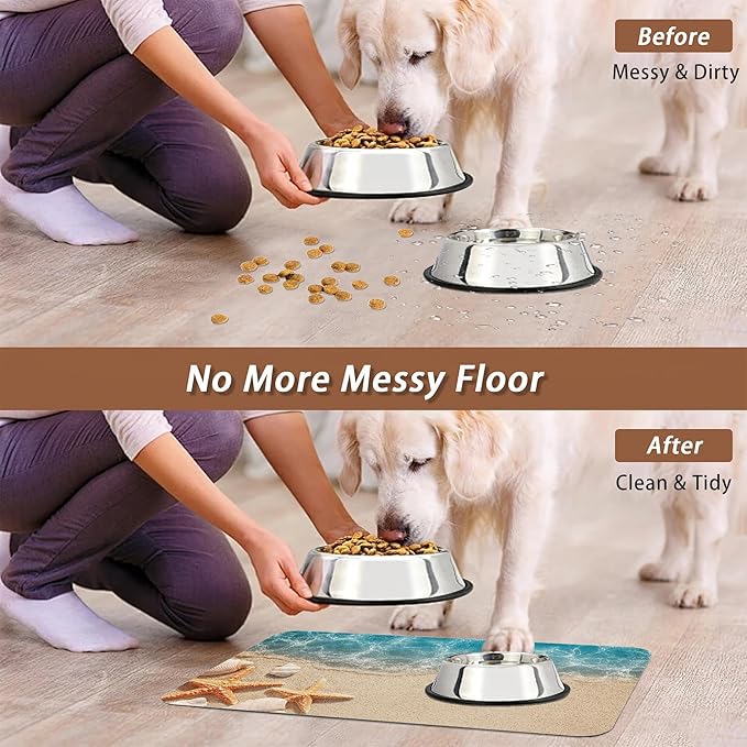 Beach Starfish Dog Food Mat for Floors,Cute Seashell Absorbent Pet Food and Water Bowl Mats,Non-Slip Pet Feeding Mat,Pet Supplies 16" x 24"