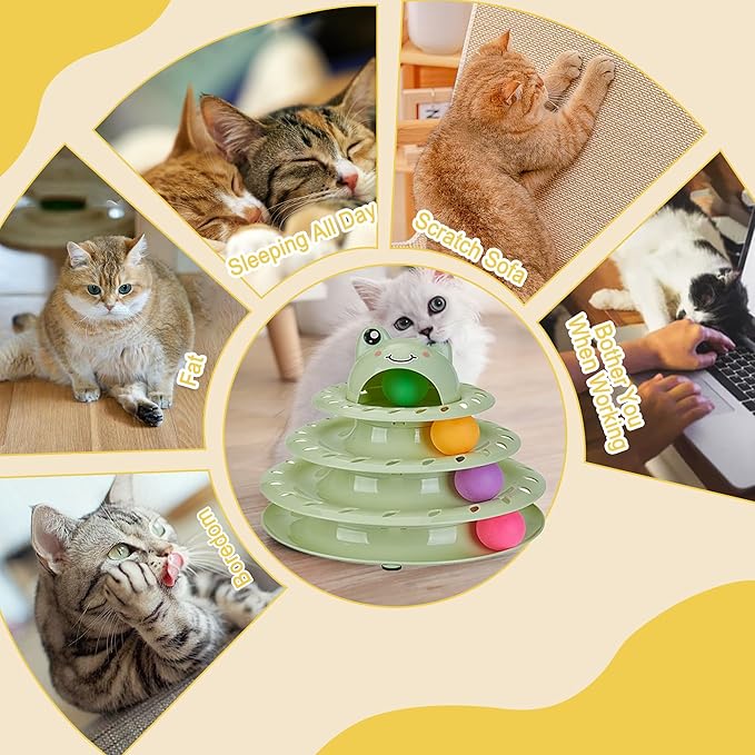 Gefryco Cat Toys 4-Tier Roller Track, Turntable Cat Tower Toy with Colorful Chase Balls, Multi-Level Interactive Cat Toys for Bored Indoor Adult Cats, Fun Puzzle Kitten Exercise Toys Self Play(Green)