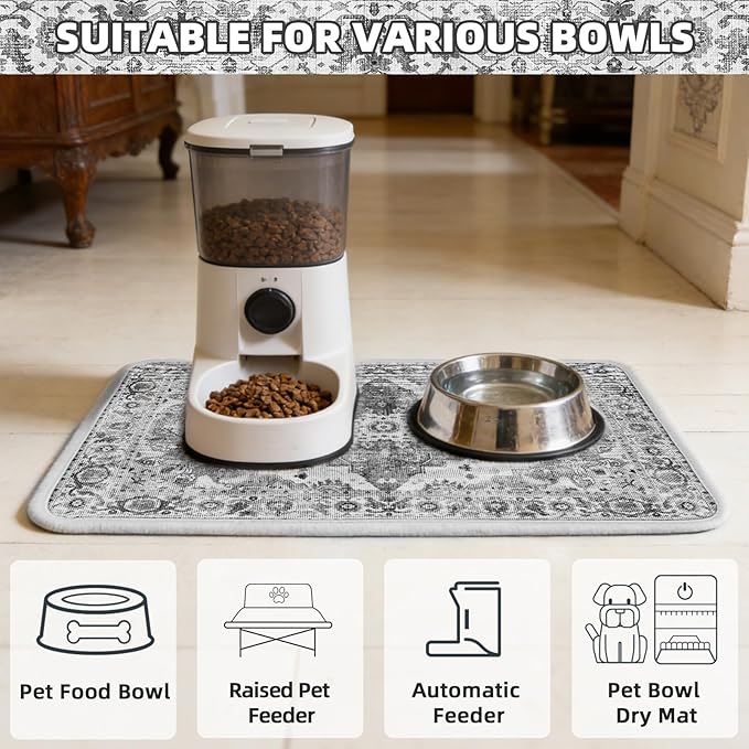 PUPTECK Dog Food Mat, Absorbent Pet Feeding Bowl Mat, Non-Slip Dog Mat for Food and Water, Quick Dry No Stains Cat Placemats Pet Supplies for Messy Drinkers, Grey 12"x20"