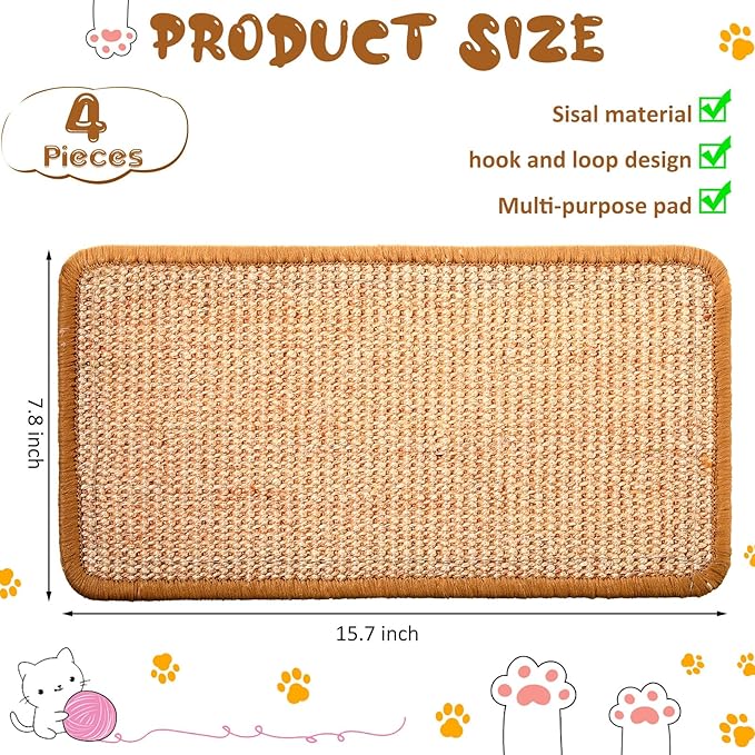 Tuanse 4 PCS Cat Scratcher Mat, 15.7 x 7.8 Inches Sisal Cat Scratching Pad, Horizontal Floor Scratching Pad Rug with Adhesive Loop Tape for Protect Couch and Carpets(Khaki)