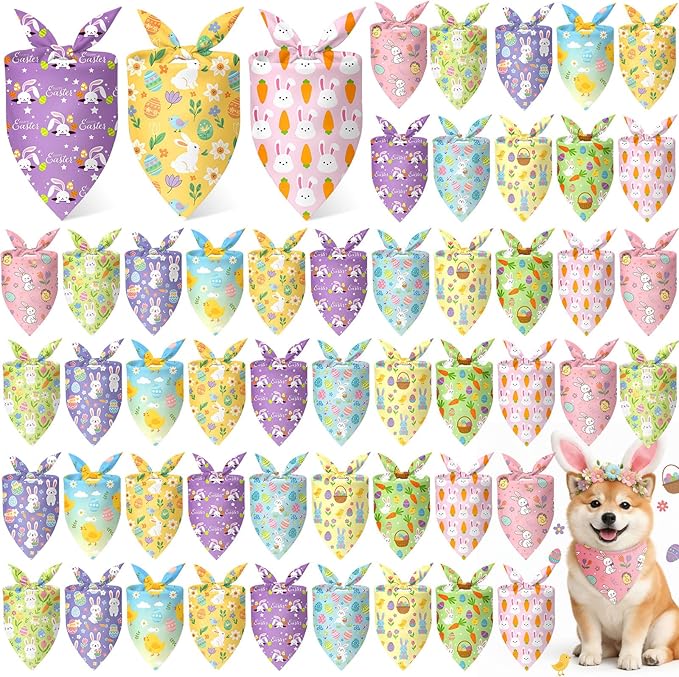 Weewooday 50 Pcs Easter Dog Bandanas Bulk with Bunny Rabbit Egg Carrot Pattern Soft Bibs Adjustable Triangle Pet Scarf Bowtie for Small Medium Large Costume Grooming(25.6 x 17.7 x 17.7 Inch)