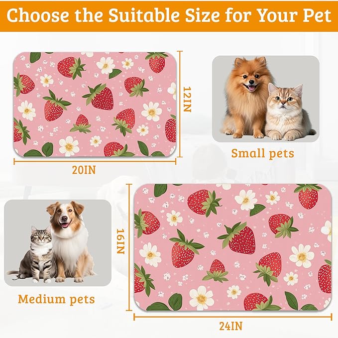 Dog Bowl Mat,Strawberry Pet Feeding Mat for Floors Waterproof,White Daisy Absorbent Dogs Placemat for Food and Water Quick Dry Pet Cat Feeding Mats with Non Slip Bottom 12" x 20"