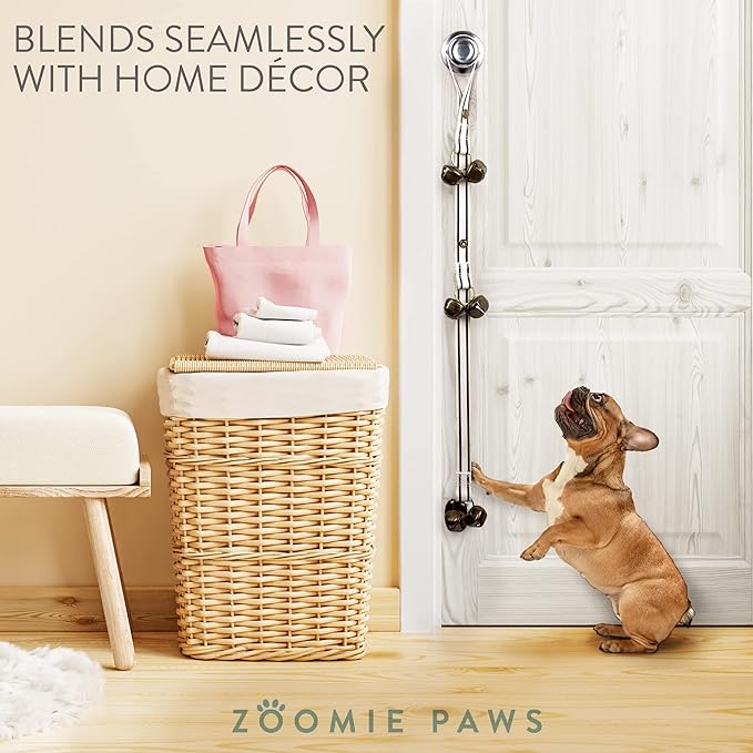 Dog Puppy Training Bell Potty and Outdoor Training Doorbell - Zoomie Paws, Black and White Strap with Bells