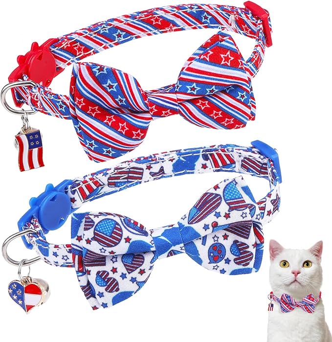American Flag Cat Collar with Bell Bow Tie Star Breakaway for 4th of July Independence Day, Adjustable Safety Kitten Collars with Removable Bowtie & Charm for Boys Girls Male Female Cats